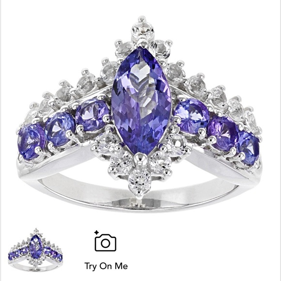 Blue Tanzanite And White Topaz Rhodium Over Sterling Silver Ring 2.07ctw size 7